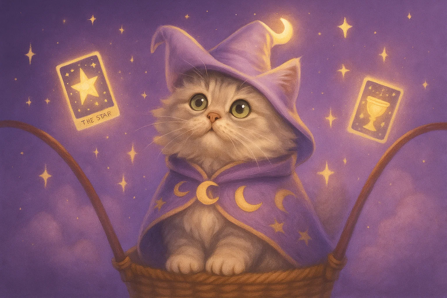 A cute black cat in a wizard hat sitting under the stars with tarot cards and a crystal ball