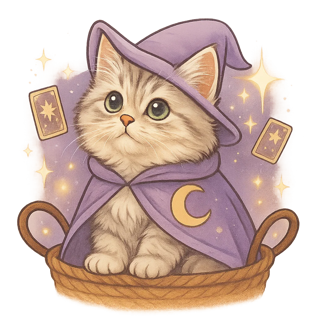 Tarot Cat logo with a cute magical fubao cat and moon symbol